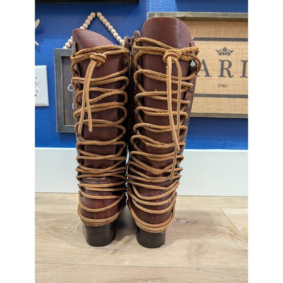 Freebird by Steven Reese Cognac Lace Up Tall Riding Boot Women's 9 Leather - Picture 3 of 15